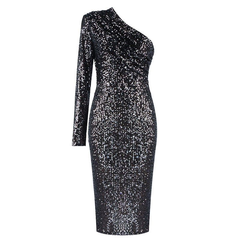 Vestido Cuello oblicuo un hombro, Vestido de noche de Lentejuelas - nexbuy.com.mx
