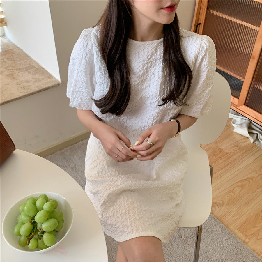 Vestido de Verano Blanco de Manga Abullonada - nexbuy.com.mx