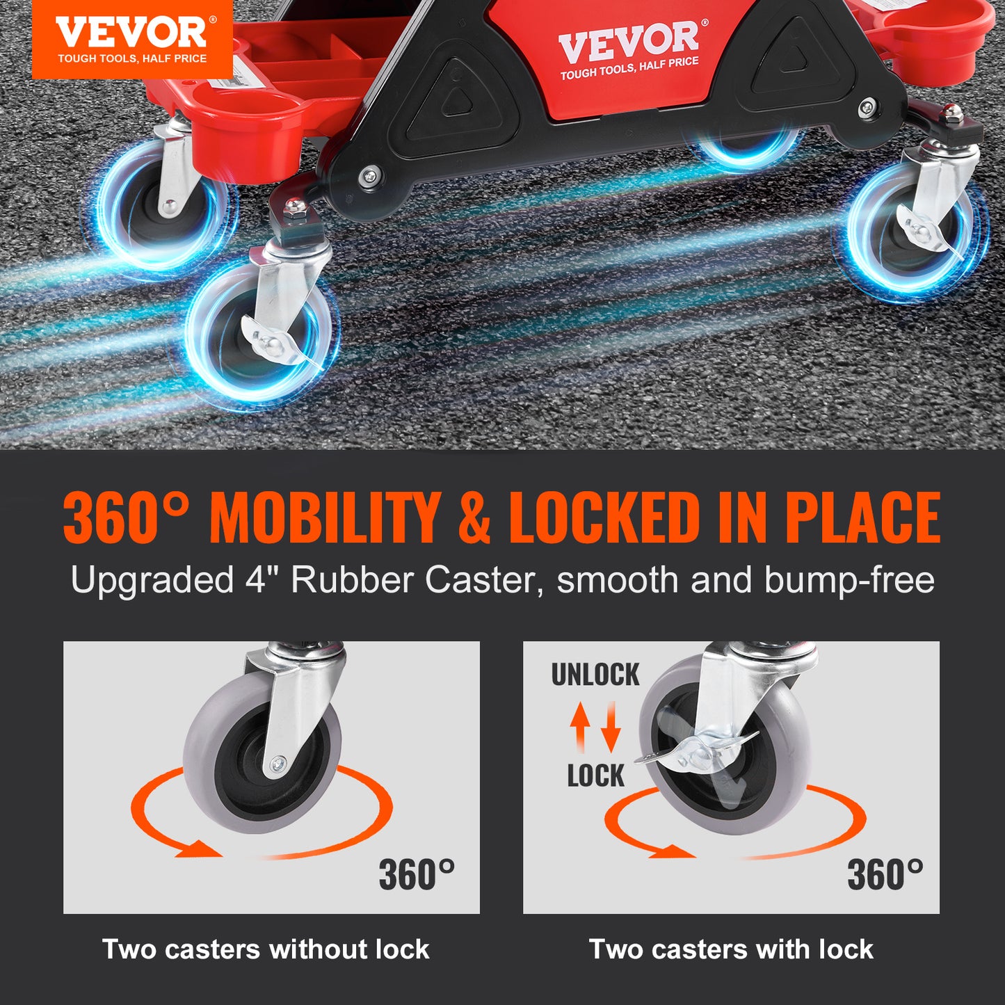 VEVOR Mecánica Taburete con 300 Libras de Capacidad - Asiento Mecánico con Ruedas y Bandejas de Herramientas - nexbuy.com.mx