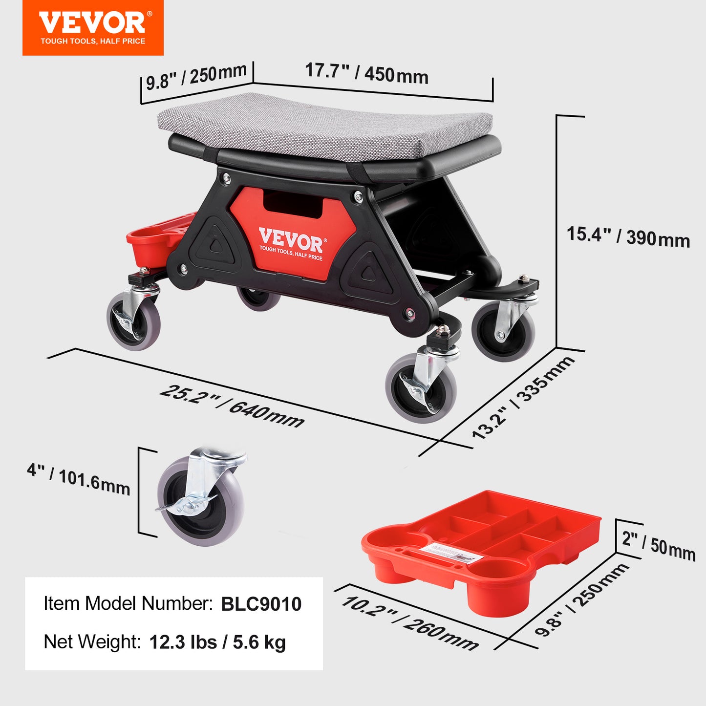 VEVOR Mecánica Taburete con 300 Libras de Capacidad - Asiento Mecánico con Ruedas y Bandejas de Herramientas - nexbuy.com.mx