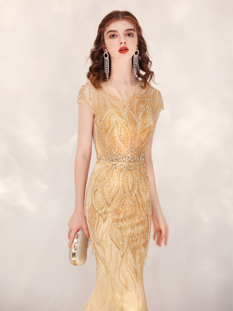 Vestido de gala dorado con diseño exclusivo - nexbuy.com.mx