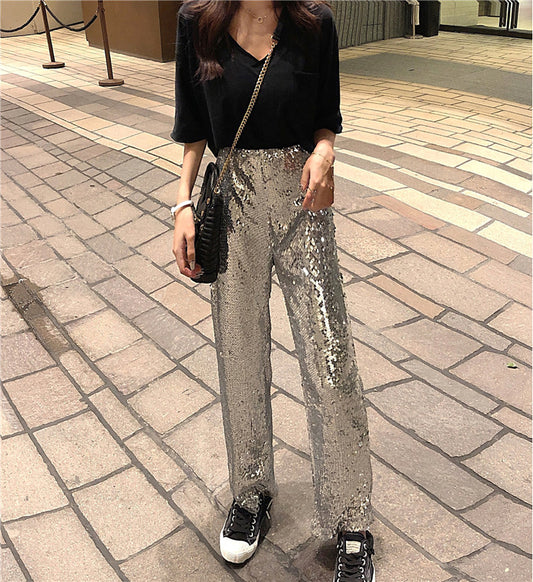 Pantalones Rectos de Lentejuelas Plateadas – Brillo y Estilo para Ocasiones Especiales - nexbuy.com.mx