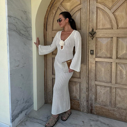 Vestido de Playa Blanco con Escote en V y Espalda Descubierta - nexbuy.com.mx