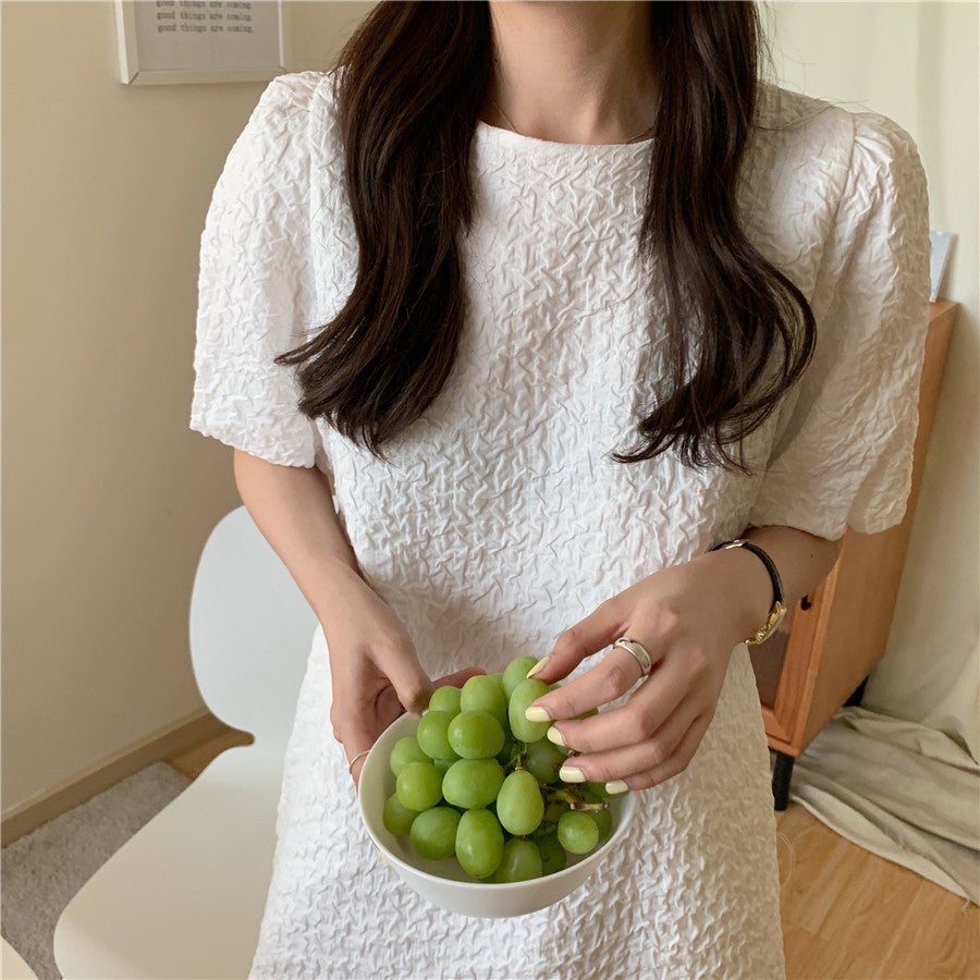 Vestido de Verano Blanco de Manga Abullonada - nexbuy.com.mx