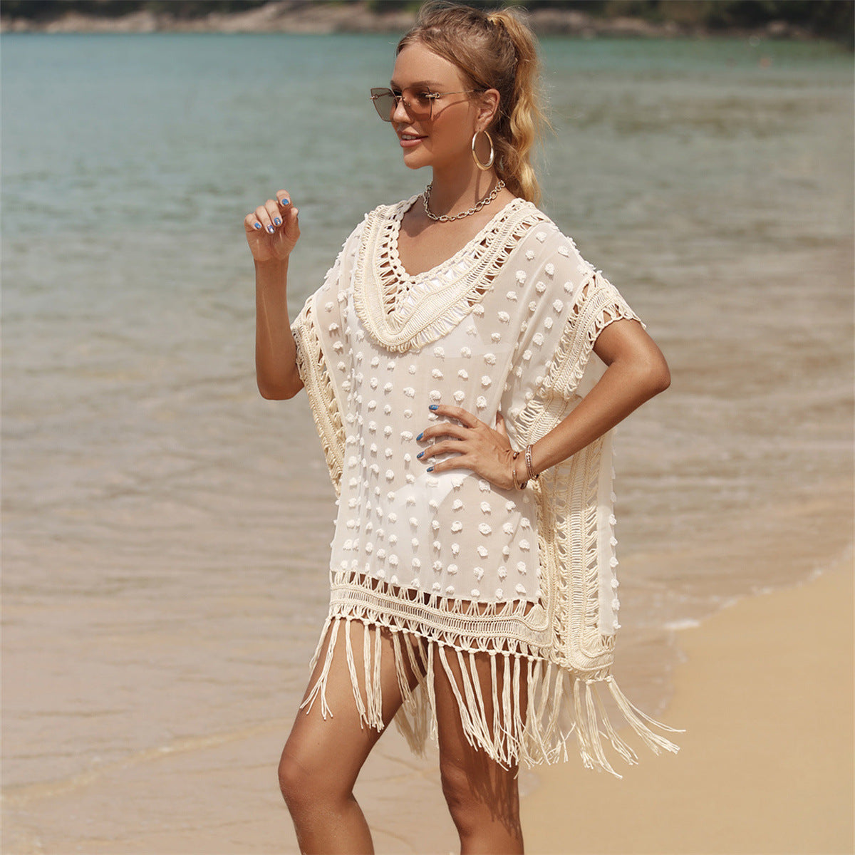 Vestido de playa con blusa de borlas cosidas para mujer - nexbuy.com.mx