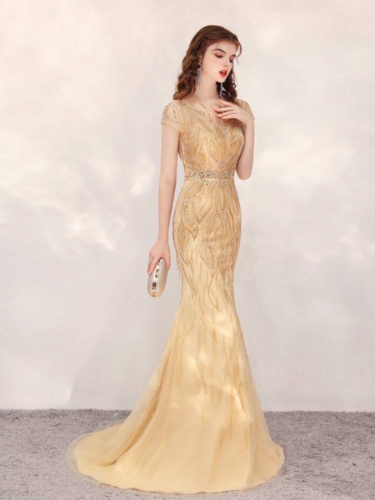 Vestido de gala dorado con diseño exclusivo - nexbuy.com.mx