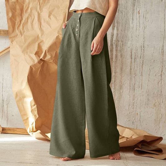 Pantalones de Lino con Botones para Mujer – Cintura Alta y Corte Ancho para Estilo Natural y Cómodo - nexbuy.com.mx