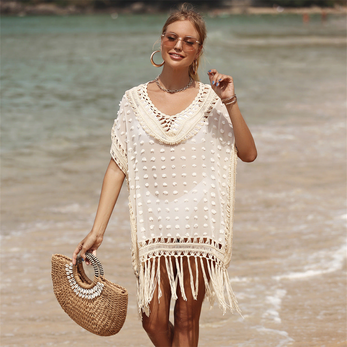 Vestido de playa con blusa de borlas cosidas para mujer - nexbuy.com.mx