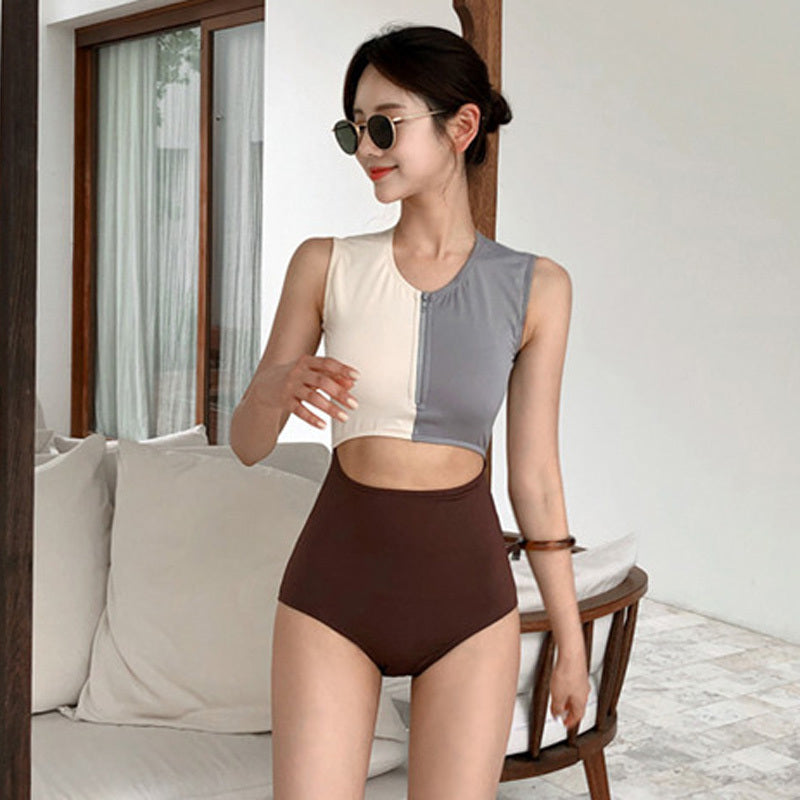Traje de Baño de Una Pieza para Mujer – Estilo Bicolor con Cremallera Frontal - nexbuy.com.mx