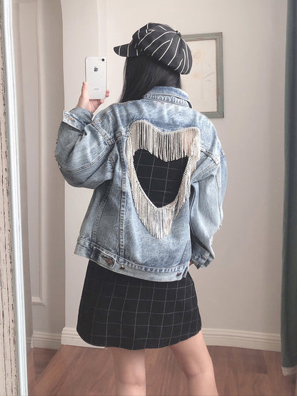 Chaqueta de Mezclilla con Brillantes para Mujer – Diseño Hueco Bordado con Estilo Moderno - nexbuy.com.mx