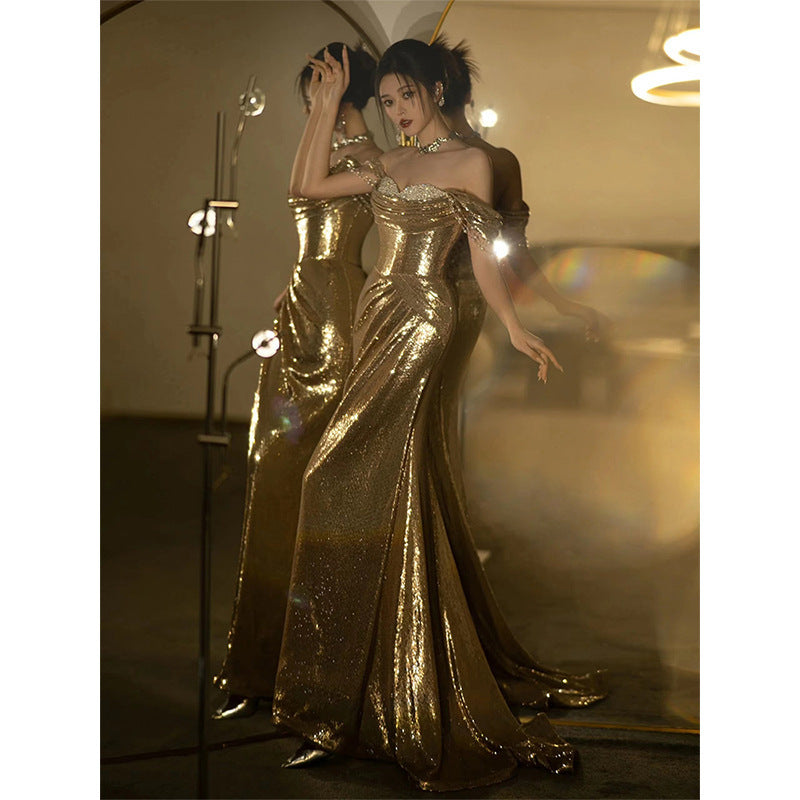 Vestido de noche dorado al hombro - nexbuy.com.mx