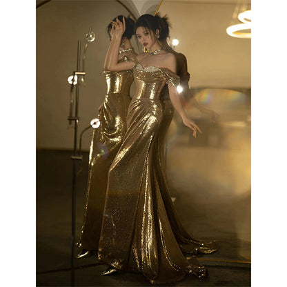 Vestido de noche dorado al hombro - nexbuy.com.mx