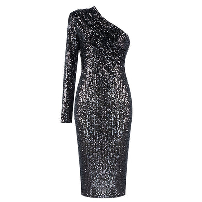 Vestido Cuello oblicuo un hombro, Vestido de noche de Lentejuelas - nexbuy.com.mx