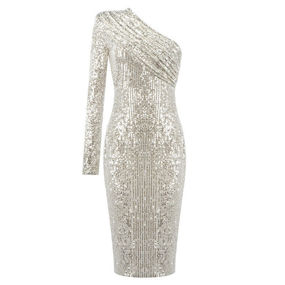 Vestido Cuello oblicuo un hombro, Vestido de noche de Lentejuelas - nexbuy.com.mx