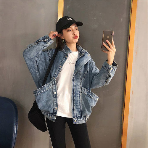 Chaqueta Vaquera Coreana Suelta para Mujer – Estilo Harajuku con Bolsillos Grandes y Manga Murciélago - nexbuy.com.mx