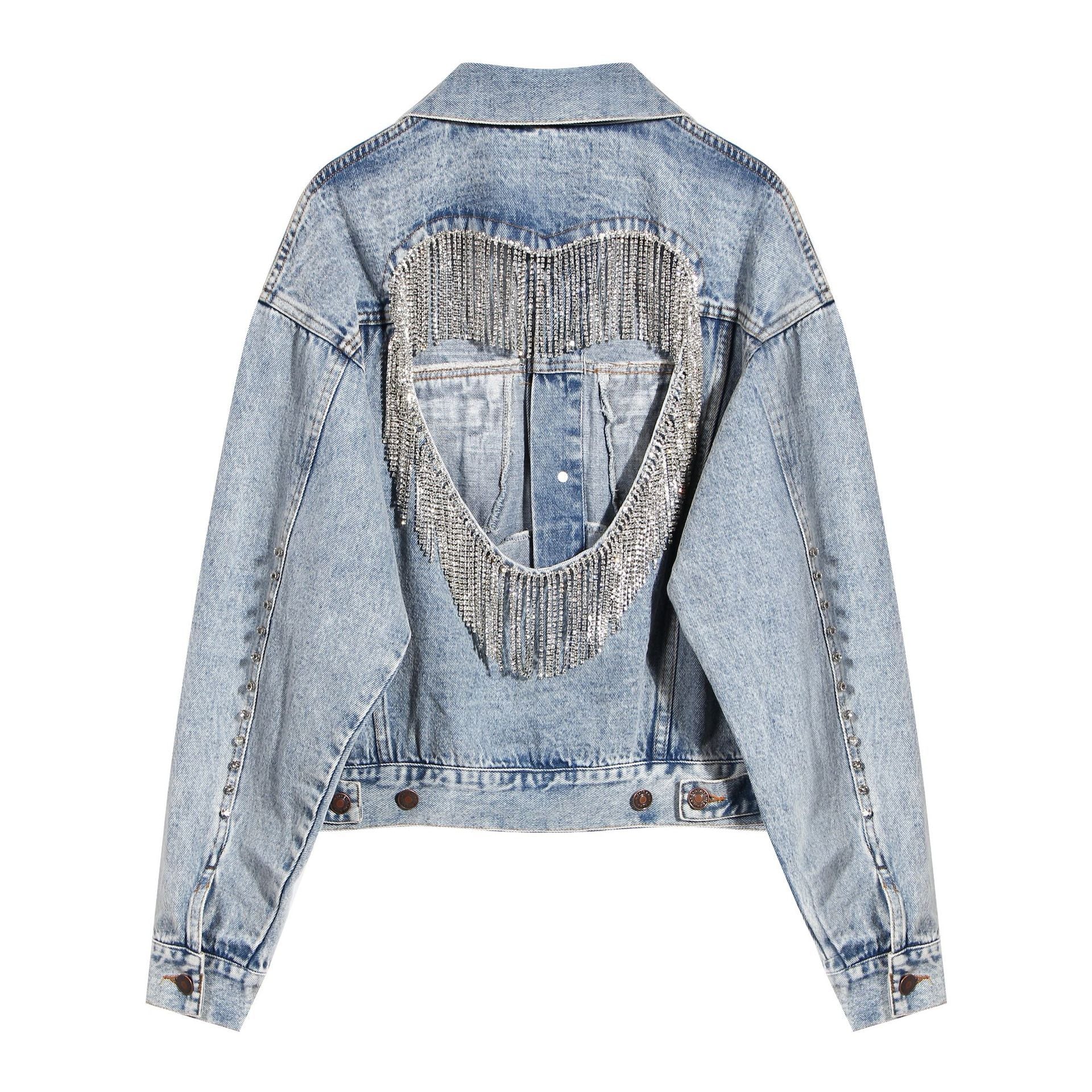 Chaqueta de Mezclilla con Brillantes para Mujer – Diseño Hueco Bordado con Estilo Moderno - nexbuy.com.mx