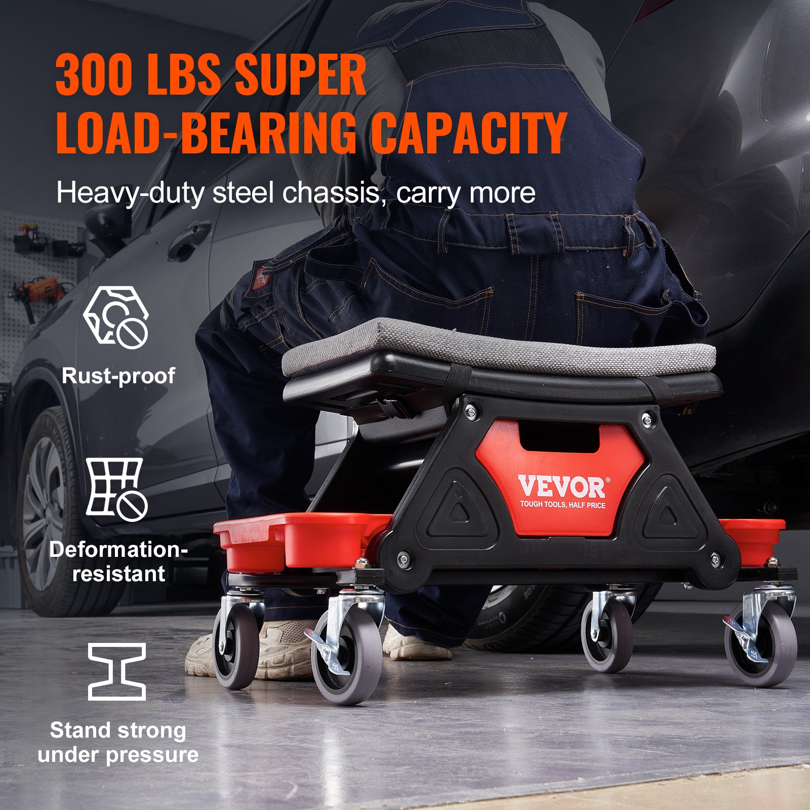 VEVOR Mecánica Taburete con 300 Libras de Capacidad - Asiento Mecánico con Ruedas y Bandejas de Herramientas - nexbuy.com.mx