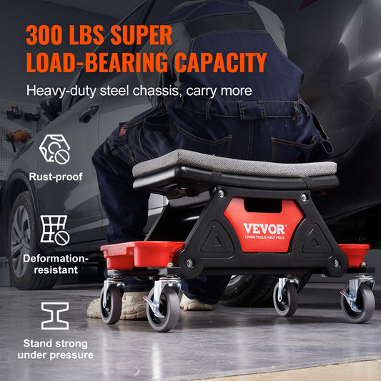 VEVOR Mecánica Taburete con 300 Libras de Capacidad - Asiento Mecánico con Ruedas y Bandejas de Herramientas - nexbuy.com.mx