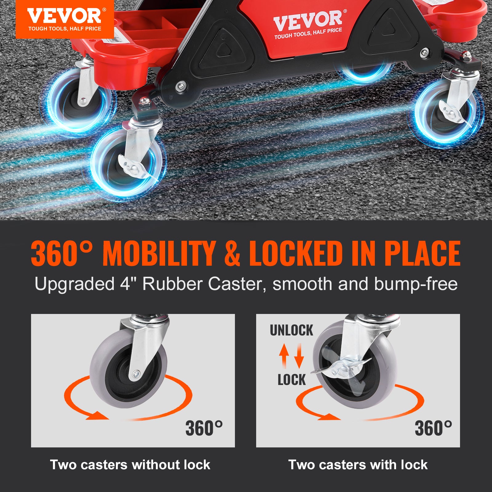 VEVOR Mecánica Taburete con 300 Libras de Capacidad - Asiento Mecánico con Ruedas y Bandejas de Herramientas - nexbuy.com.mx