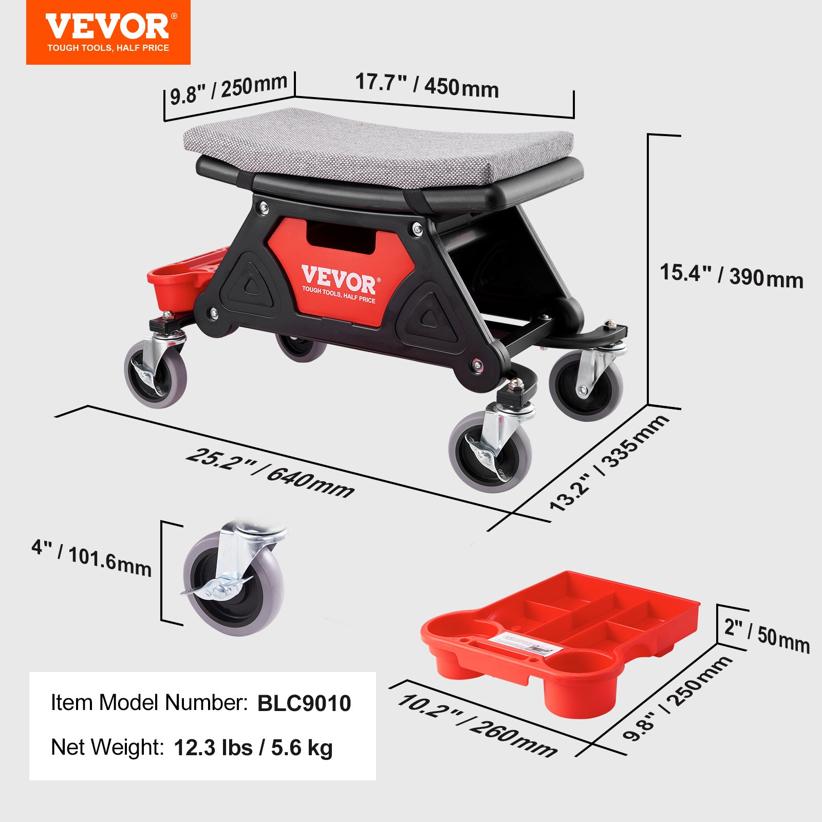 VEVOR Mecánica Taburete con 300 Libras de Capacidad - Asiento Mecánico con Ruedas y Bandejas de Herramientas - nexbuy.com.mx