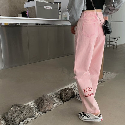 Pantalón de Mezclilla Rosa para Mujer – Pierna Ancha y Cintura Alta, Estilo OL Commuter - nexbuy.com.mx