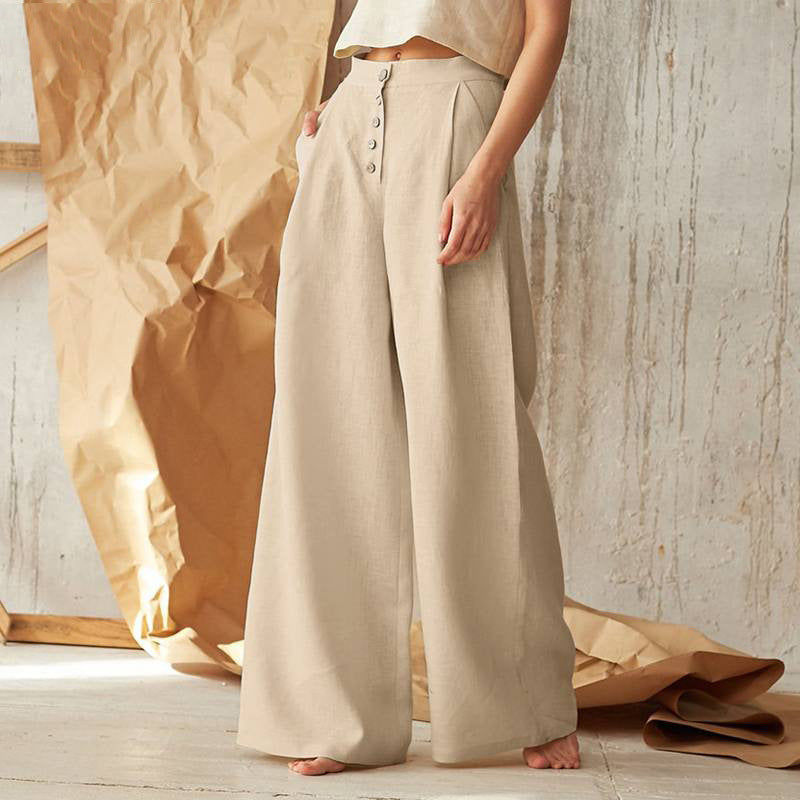 Pantalones de Lino con Botones para Mujer – Cintura Alta y Corte Ancho para Estilo Natural y Cómodo - nexbuy.com.mx