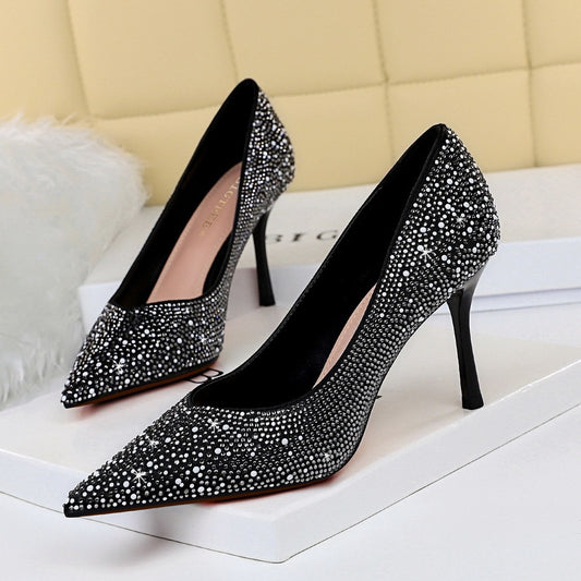 Tacones Altos Finos de Satén con Brillantes – Elegancia Sexy para Noche y Fiesta - nexbuy.com.mx