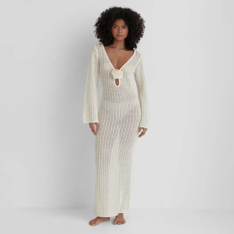 Vestido de Playa Blanco con Escote en V y Espalda Descubierta
