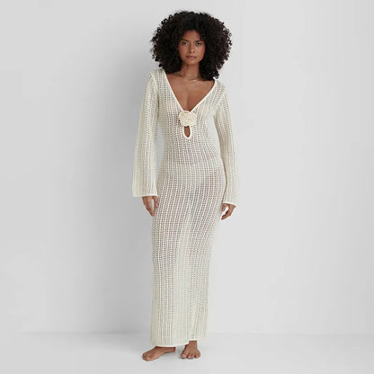 Vestido de Playa Blanco con Escote en V y Espalda Descubierta