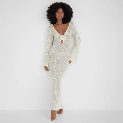 Vestido de Playa Blanco con Escote en V y Espalda Descubierta