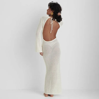 Vestido de Playa Blanco con Escote en V y Espalda Descubierta