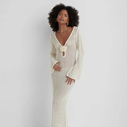 Vestido de Playa Blanco con Escote en V y Espalda Descubierta