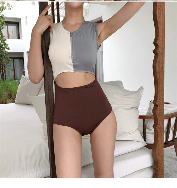 Traje de Baño de Una Pieza para Mujer – Estilo Bicolor con Cremallera Frontal - nexbuy.com.mx