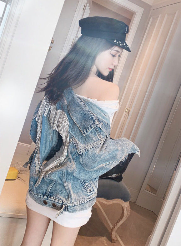 Chaqueta de Mezclilla con Brillantes para Mujer – Diseño Hueco Bordado con Estilo Moderno - nexbuy.com.mx