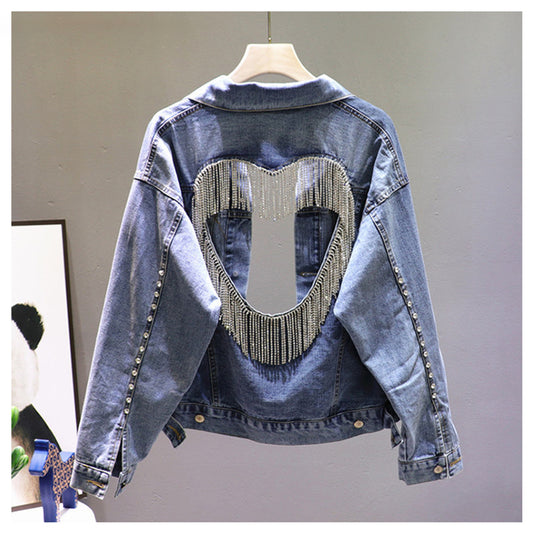 Chaqueta de Mezclilla con Brillantes para Mujer – Diseño Hueco Bordado con Estilo Moderno - nexbuy.com.mx