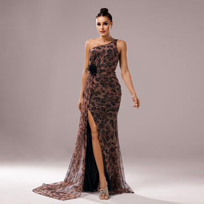 Vestido de noche de un hombro con cuello diagonal impresión de leopardo - nexbuy.com.mx