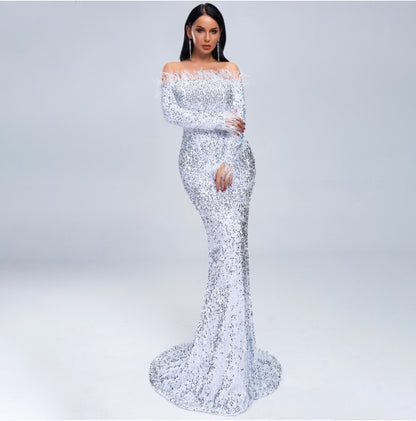 Vestido de Noche Largo Negro con Lentejuelas y Hombros Descubiertos