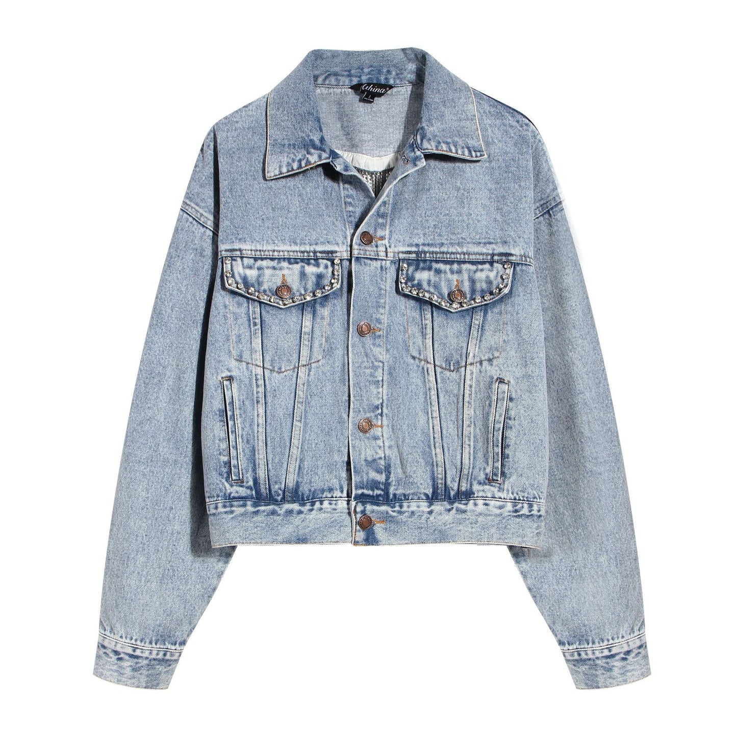Chaqueta de Mezclilla con Brillantes para Mujer – Diseño Hueco Bordado con Estilo Moderno - nexbuy.com.mx