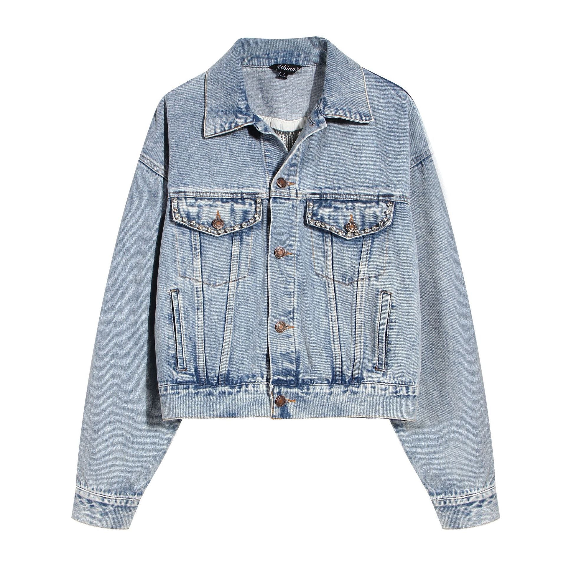Chaqueta de Mezclilla con Brillantes para Mujer – Diseño Hueco Bordado con Estilo Moderno - nexbuy.com.mx