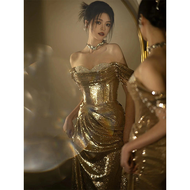 Vestido de noche dorado al hombro - nexbuy.com.mx