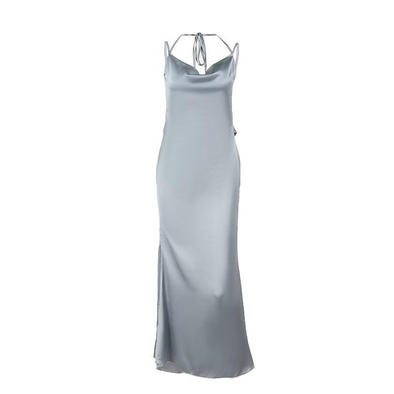 Vestido femenino de satín con flores y espalda descubierta - nexbuy.com.mx
