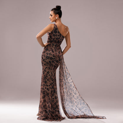Vestido de noche de un hombro con cuello diagonal impresión de leopardo - nexbuy.com.mx