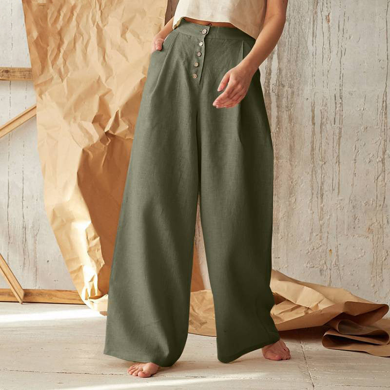 Pantalones de Lino con Botones para Mujer – Cintura Alta y Corte Ancho para Estilo Natural y Cómodo - nexbuy.com.mx