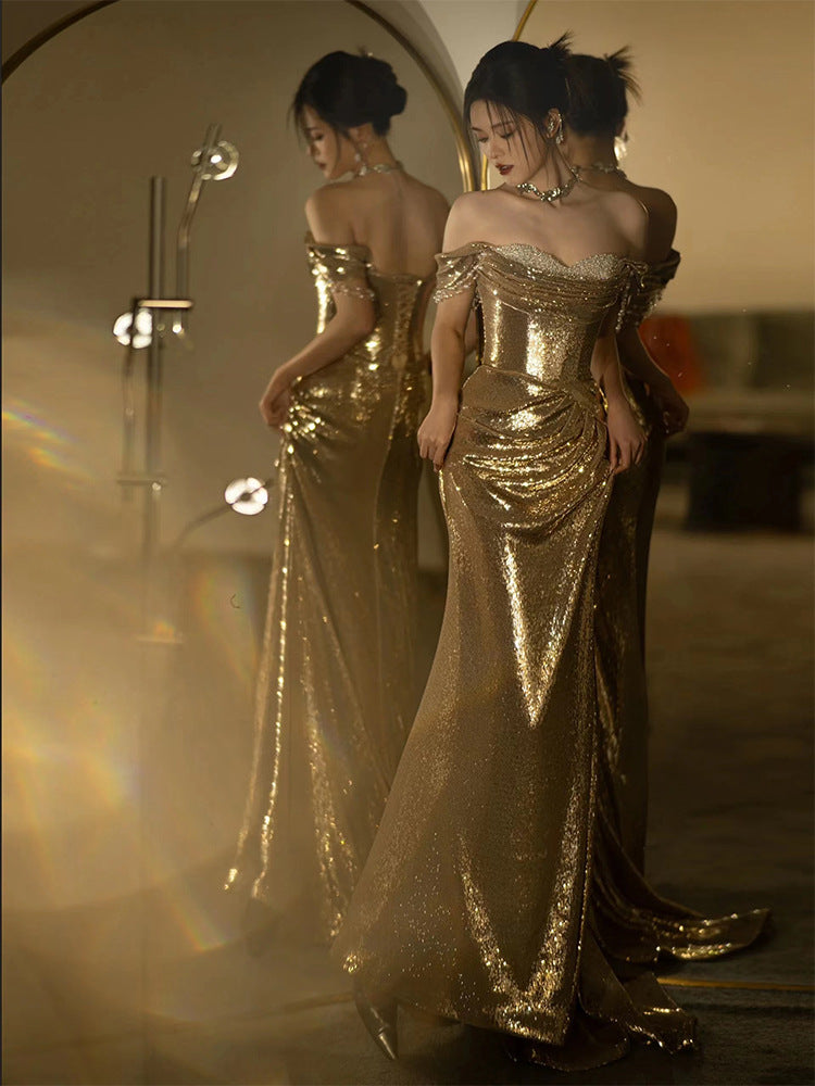 Vestido de noche dorado al hombro - nexbuy.com.mx