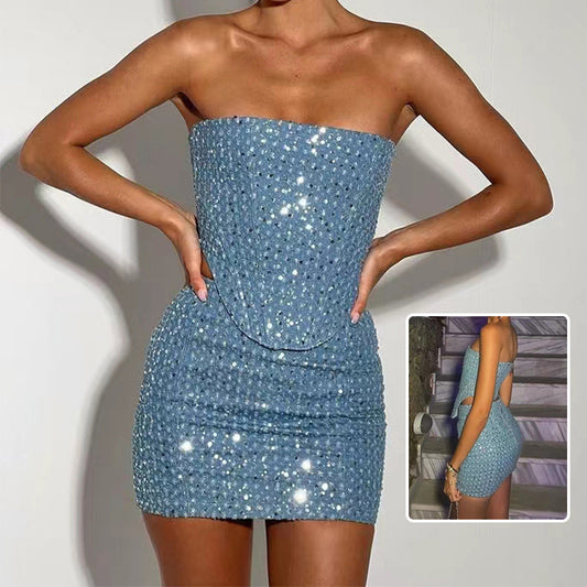 Conjunto de Falda de Mezclilla con Lentejuelas para Mujer – Elegancia Brillante con Estilo Juvenil - nexbuy.com.mx