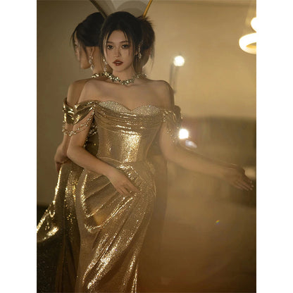 Vestido de noche dorado al hombro - nexbuy.com.mx