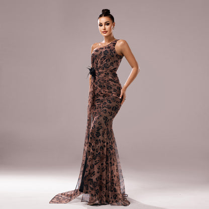 Vestido de noche de un hombro con cuello diagonal impresión de leopardo - nexbuy.com.mx