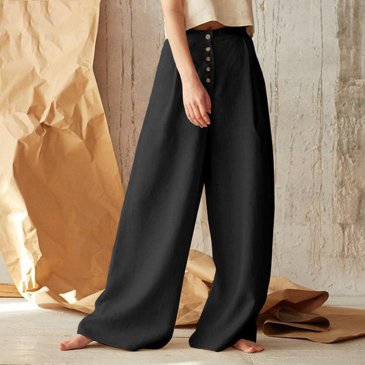 Pantalones de Lino con Botones para Mujer – Cintura Alta y Corte Ancho para Estilo Natural y Cómodo - nexbuy.com.mx