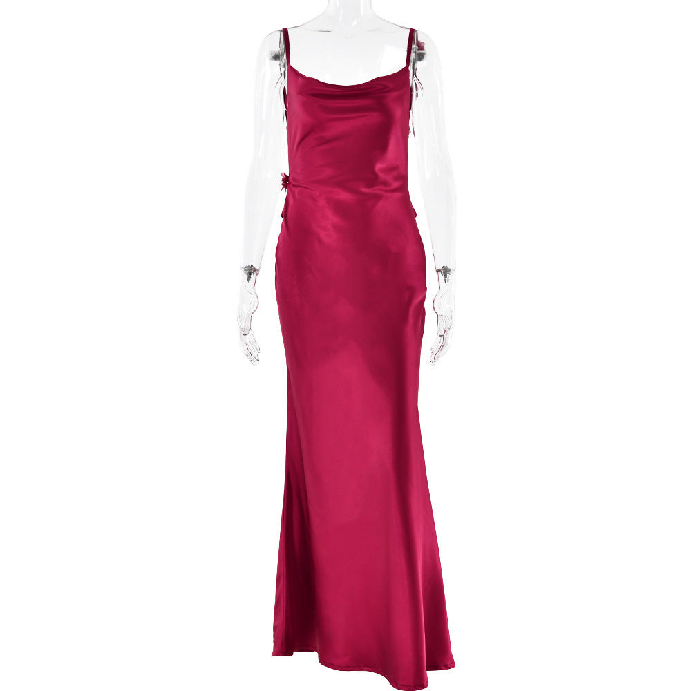 Vestido femenino de satín con flores y espalda descubierta - nexbuy.com.mx