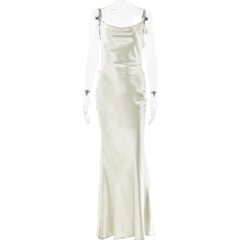 Vestido femenino de satín con flores y espalda descubierta - nexbuy.com.mx